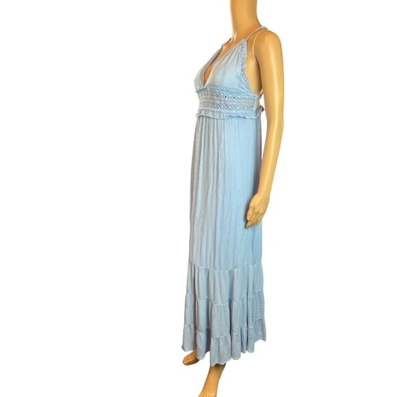 Womens Plunge Gauzy Maxi Dress Medium Baby Blue Crochet Lagenlook Boho - Picture 3 of 8